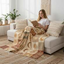 1PC Vintage Warm Brown Patchwork Sun Moon Moth & Plant Print Flannel Throw Blanket, Bohemian Style, For Home, Living Room, Sofa, Nap, Decorative Air Conditioning Blanket - Multicolor - View 5