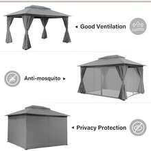 10x13 Ft Outdoor Gazebo, Galvanized Steel Frame Patio Canopy Tent W/ Double Roof, Zippered Mosquito Netting & Privacy Curtains For Backyard Garden - 1 - View 3