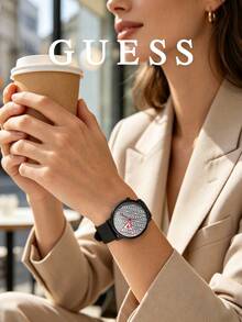 Guess Unisex Quartz Analog Wristwatch Black Leather Strap Geometric Monogram Pattern Dial Graphic Details For Business Casual And Sophisticated Daily Style - Black - View 4