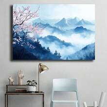 1Pc 2D Flat Misty Blue Mountain Pink Cherry Blossom Canvas Wall Art,Canvas Prints,Wall Decor,Wrapped Framed Canvas Print,Home Decor For Living Room,Bedroom,Study,Minimalist Oriental Landscape Art,Framed Ready To Hang - Framed - View 1