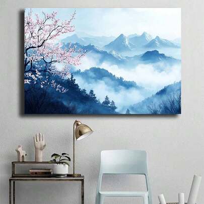 1Pc 2D Flat Misty Blue Mountain Pink Cherry Blossom Canvas Wall Art,Canvas Prints,Wall Decor,Wrapped Framed Canvas Print,Home Decor For Living Room,Bedroom,Study,Minimalist Oriental Landscape Art,Framed Ready To Hang