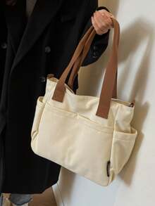 Fashionable Minimalist Solid Color Canvas Bag, New Style College Student Shoulder Crossbody Bag, Women's Casual Multi-Functional Shoulder Tote Bag - Multicolor - View 3