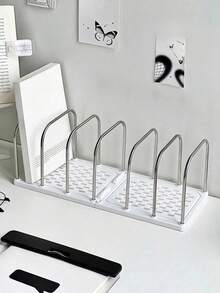 1pc Anti-Tip Desktop Bookshelf, Minimalist White Metal Bookshelf, Space-Saving Bookshelf Storage, Suitable For Student Dorms, Office Desktop File Storage - Style a - View 9