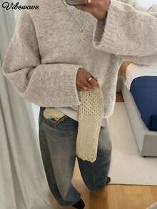 VIBEWAVE Light Gray American Vintage Round Neck Sweater, Autumn/Winter - Apricot - View 1