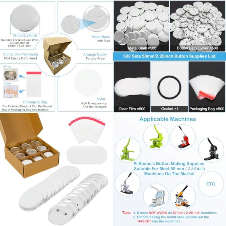 Sets 58mm/ 2.28 Inch Approx. 2.25 Button Maker Supplies, Blank Pins Buttons Press For DIY Badge Maker Machine, Parts To Create Custom Pins - Silvery - View 1
