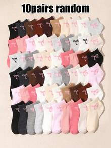 10/20 Pairs Random Assorted Girls' Bowknot Print Invisible Boat Socks, Multi-Color Mixed Low-Cut Low-Top Short Socks, Spring/Summer Thin Breathable Non-Stuffy Socks, Versatile Daily Wear Socks For Kids - Multicolor - View 10