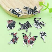5/12 piezas Dijes de esmalte gótico Dragón Cuervo Murciélago Gato Polilla Rosa Lápida Colgantes para DIY Halloween Pulsera Collar Pendiente Suministros para hacer joyas - Negro - Ver 4