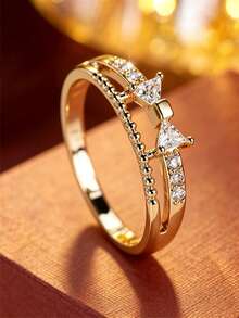 1pc Fashionable Cute Double Bow Hollow Ring, Double Layer Separated Band With Beaded Chain Texture Design, Slender Finger-Flattering Versatile Luxury Decorative Ring For Women - Ring - View 4