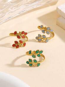 1pc Stainless Steel European & American Vintage Oil Drop Red/Green/Blue Leaf Open Ring, Suitable For Women's Daily Wear Or As A Gift - Multicolor - View 10