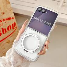 Cute Wavy Edge Anti-Yellowing Clear Magnetic Phone Case Compatible With Samsung Galaxy Z Flip 8 Flip6 Flip5 Flip4 ,360° Rotatable Metal Ring Kickstand Shockproof Transparent TPU Wireless Charging Protective Cover - Clear - View 6