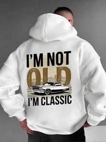 Men's White Vintage Car Print Hoodie, Retro Loose Casual Pullover - White - View 1