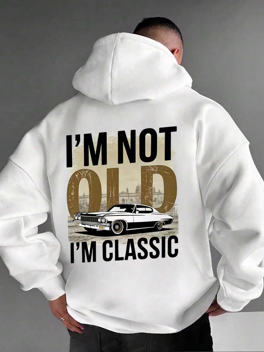 Men's White Vintage Car Print Hoodie, Retro Loose Casual Pullover - White - View 1