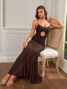 PARTHEA Elegant Brown Ruched Mesh Mermaid Dress, Thin Straps Front Cutout Slim Party Brown Dress For Women - Brown - View 8