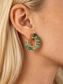 2pcs Green Beaded C-Shaped Earrings, Teacher's Day Back To School Season Earrings - Style 1 - View 5