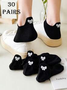 5/10/15/20/30雙女款可愛甜美蝴蝶圖案簡約白色短襪，適合日常穿著 - 黑色 - 查看 13