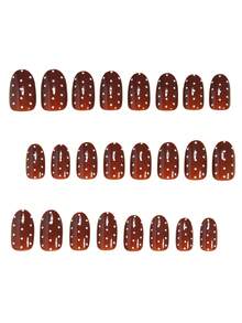 24pcs Oval Nail Tips Fashion White Polka Dot Brown Full Coverage Fake Nails Pointed Shape With 1pc Jelly Glue And 1pc Mini Nail File, Jelly Glue Randomly Sent - Brown - View 2