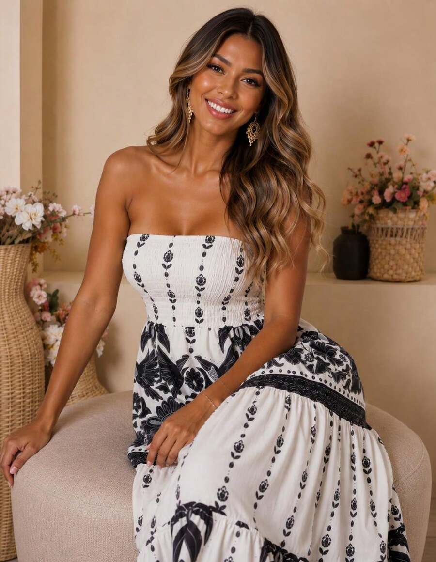 July Strapless Tropical Dress In Various Prints, 2025 Collection - T. Black White - View 1