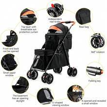 Foldable 2-In-1 Pet Stroller For Cats & Small Dogs – Lightweight 4-Wheel Trolley With Adjustable Canopy, Breathable Mesh Panels, Storage Compartment & Included Carry Bag – Compact Design For Walks, Travel & Outdoor Adventures (Black) - 升級雙層(承重25公斤) - 查看 9