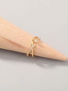 1 pieza Anillo ajustable abierto chapado en oro con microincrustaciones de circonita - Amarillo Oro - Ver 2