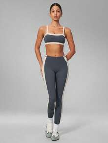 Bộ đồ tập yoga nữ MFVIM gồm áo bra phối màu và quần yoga cạp cao nâng mông, tôn dáng, dài đến mắt cá chân - Xám chì - Xem 7