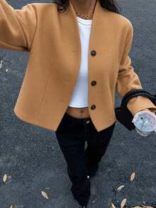 Women's Solid Color Double-Faced Wool Baseball Jacket, Elegant Lightweight Basic Casual Style Fall - Mocha Brown - View 6