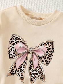 Baby Girl Cartoon Bow Print Round Neck Long Sleeve Top And Leggings - Apricot - View 3
