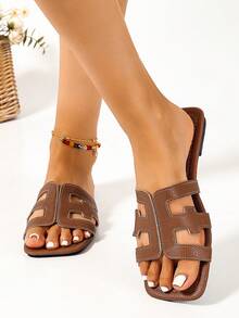 Ximi Ruo 春夏新款女式時尚休閒拖鞋，舒適平底低跟圓頭極簡主義沙灘鞋 - 棕色 - 查看 4