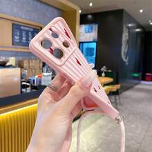 1pc Fashionable Minimalist Heart Stripe Pattern With Adjustable Shoulder Strap Hemp Rope Pink Eye Stair Diamond Sand Phone Case For Android S26Ultra S25Ultra S24Ultra S23Ultra/ A54 A55 A57 A37/ Note 14 Pro 5G/HONOR/, Anti-Drop Anti-Slip Phone Case - Pink - View 5