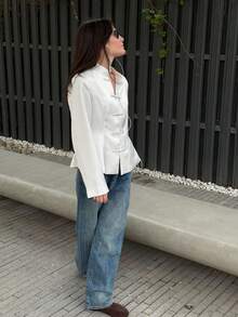 White Satin Women's Long Sleeve Jacket, Fashionable Stand Collar Design, Front Button Closure, Suitable For Autumn/Winter Wardrobe - White - View 5