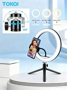TOKQI 10-Inch Adjustable LED Ring Light Kit With Tripod Stand & Flexible Phone Holder, 3 Light Modes,10 Brightness Modes, Photographic Lights,Dimmable, USB Powered, Portable Fill Light For Live Streaming, Photography, Video, Makeup, Selfie, Zoom & More - Ring Light - View 1