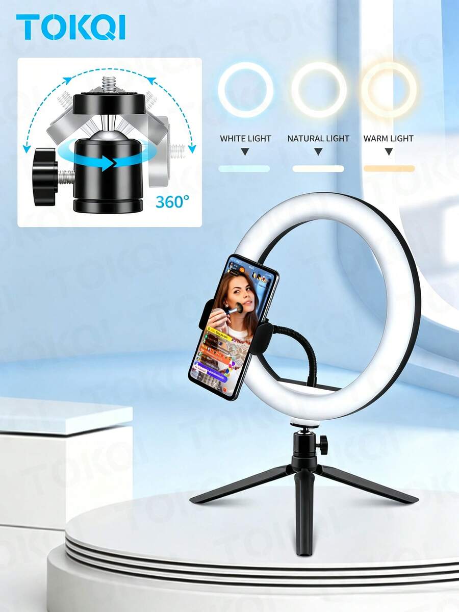 TOKQI 10-Inch Adjustable LED Ring Light Kit With Tripod Stand & Flexible Phone Holder, 3 Light Modes,10 Brightness Modes, Photographic Lights,Dimmable, USB Powered, Portable Fill Light For Live Streaming, Photography, Video, Makeup, Selfie, Zoom & More - Ring Light - View 1