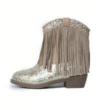 NILOSH Girls' Gold Glitter Tassel Decor Embroidered Side Zipper Round Toe Low Heel Western Cowboy Boots - Gold - View 19