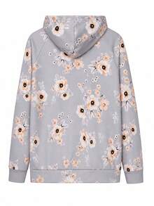Hoodie Ukuran Besar Motif Bunga dengan Kantong Kanguru dan Tali Serut untuk Liburan Santai - Light Grey - View 3