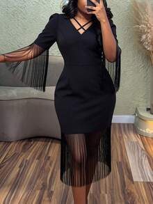 AOMEI Black Elegant Cross V Neck Midi Tassel Dress For Women Three Quarter Sleeve Fringe Hem Slim Fit Package Hip Dress Evening Club Wear - Black - View 7