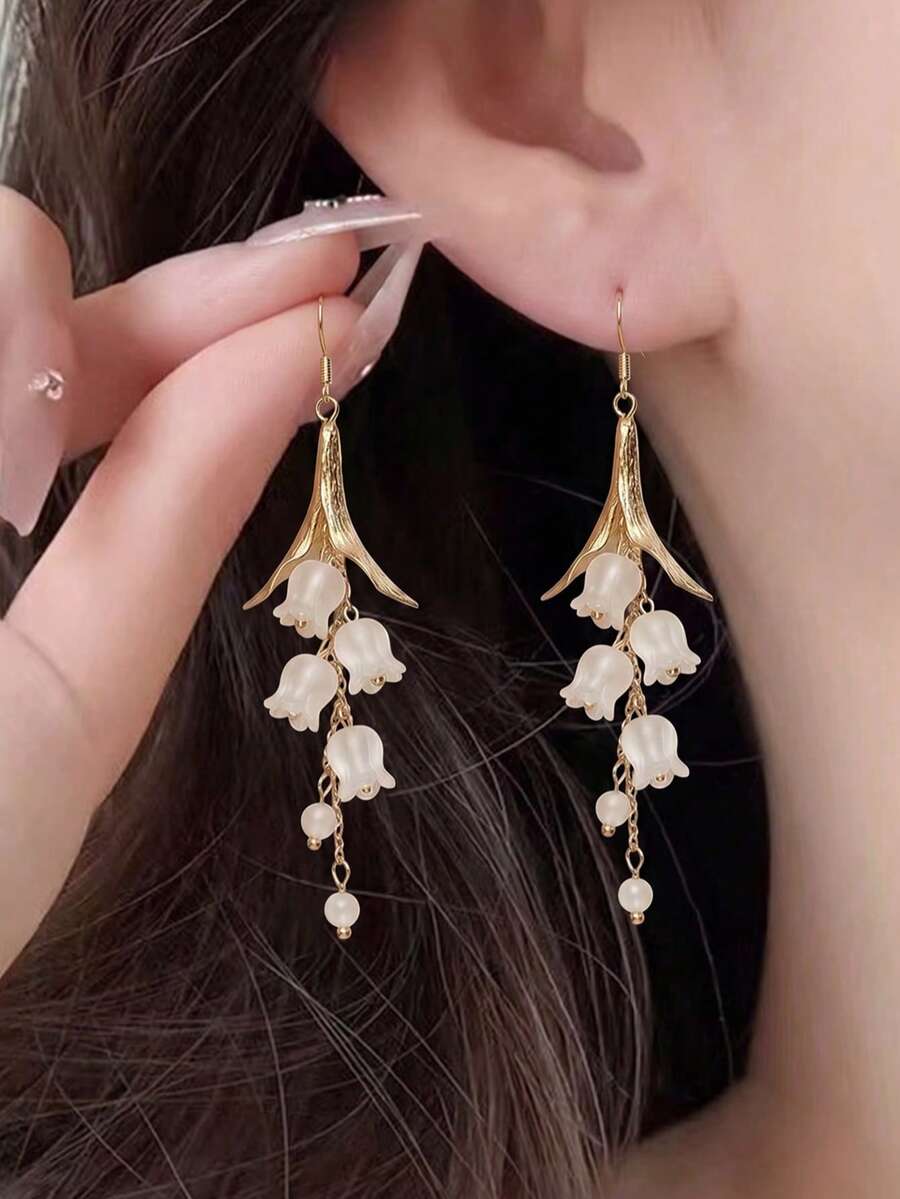 2pcs Spring/Summer Lily Flower Beaded Tassel Earrings, Fresh & Sweet Bohemian Multi-Color Earrings For Women, Suitable For Daily, Party, Wedding, Vacation Wear - Multicolor - View 1