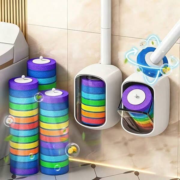 Juego de cepillo de baño desechable con contenedor de almacenamiento de apertura/cierre automático, cabezales de cepillo de repuesto opcionales de 7/14/28/35, cabezal de cepillo giratorio de 360° para limpieza de esquinas, almacenamiento montado en la pared, juego de cepillo de baño con mango largo, adecuado para baño, baño de RV, cabezales de cepillo desechables, limpieza e higiene