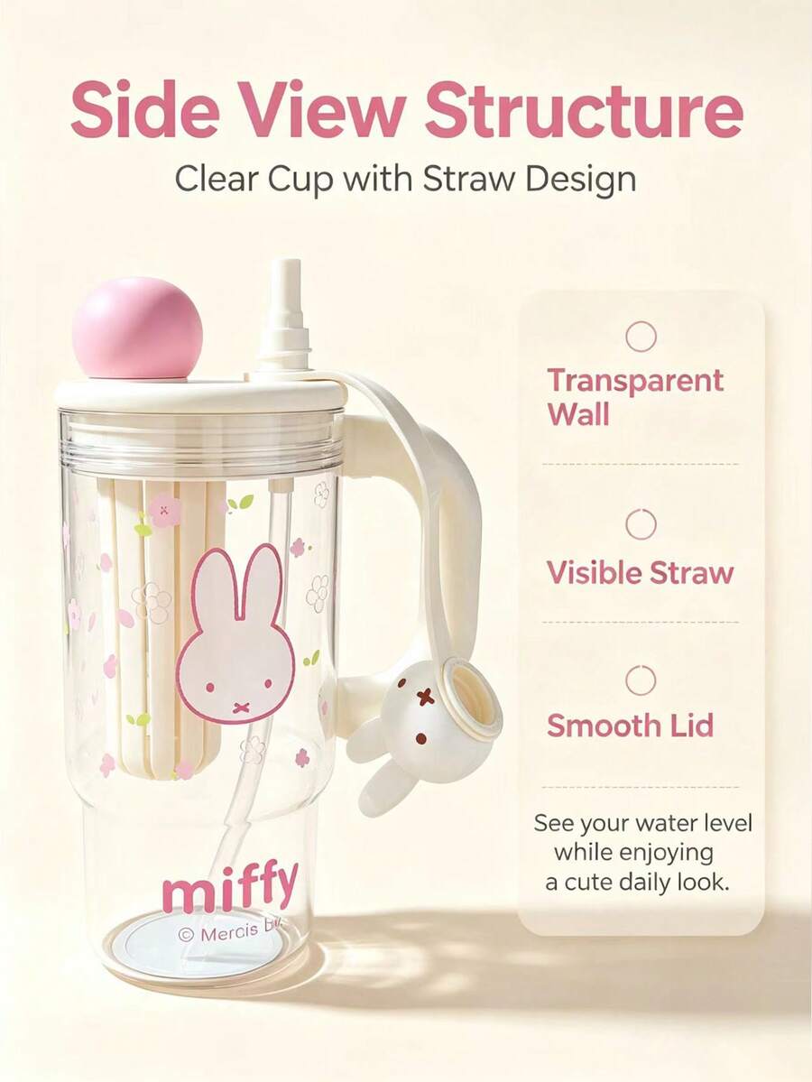 Miniso 1pc 760ml Large Capacity Official Licensed Miffy Rabbit Water Bottle, Portable Leak-Proof Travel Insulated Cup, Cute Cartoon Thermal Drinking Cup, Suitable For Students And Girls Outdoor Daily Use - Clear - View 1