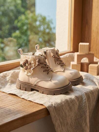 2026 New Beige Lace Plaid Floral Side Zipper Short Boots, Spring/Autumn Waterproof Thick Sole Anti-Slip Pastoral Home Campus Travel Walking Kids Shoes Back To School