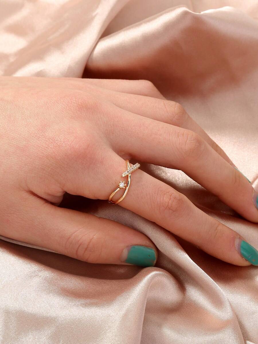 1 pieza Anillo ajustable abierto chapado en oro con microincrustaciones de circonita - Amarillo Oro - Ver 1