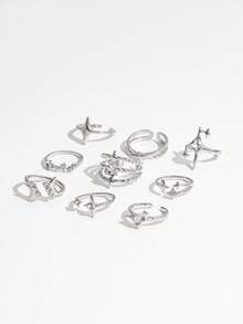 Set de 9 anillos Y2K con mango, estrella y strass, estilo dulce y cool, minimalista, plateado, apilables, para combinar con el outfit diario y el trayecto al trabajo - Plateado - Ver 5