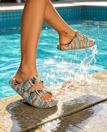 Adjustable Double-Strip Transfer Pattern Ladies' Flat Sandals, Soft And Non-Slip EVA Slippers, Suitable For Home Wear, Dates,Outdoor Beach Outings. - 卡其色 - 查看 2