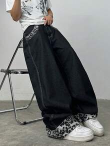 Justice Brother 1pc American Streetwear Brand Personalized Design Patchwork Leopard Print Men's Denim Jeans All Season Wide Leg Loose Fashion Versatile Long Pants (Belt/Accessories Not Included) - Black - View 7