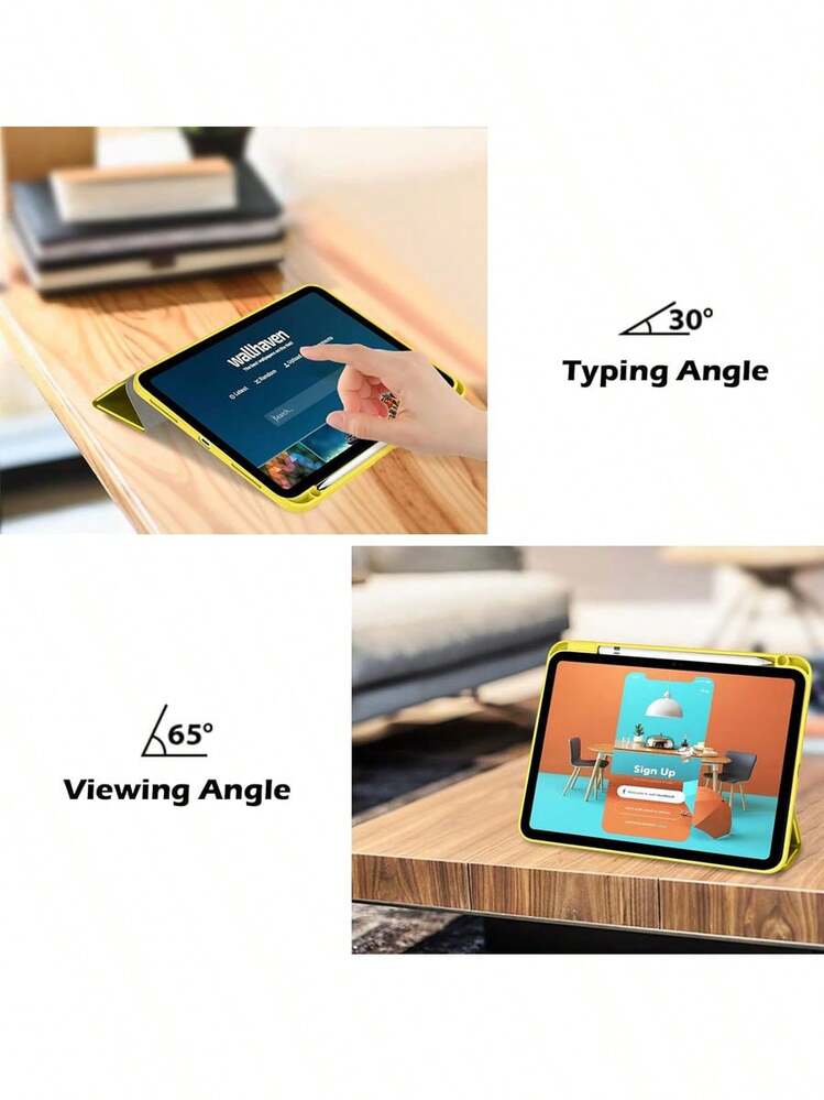 適用於 iPad 第 11 代 2025 與第 10 代 2022，超輕量三折保護殼，附觸控筆收納槽，透明背蓋，自動休眠/喚醒，黃色 - 黃色 - 查看 8