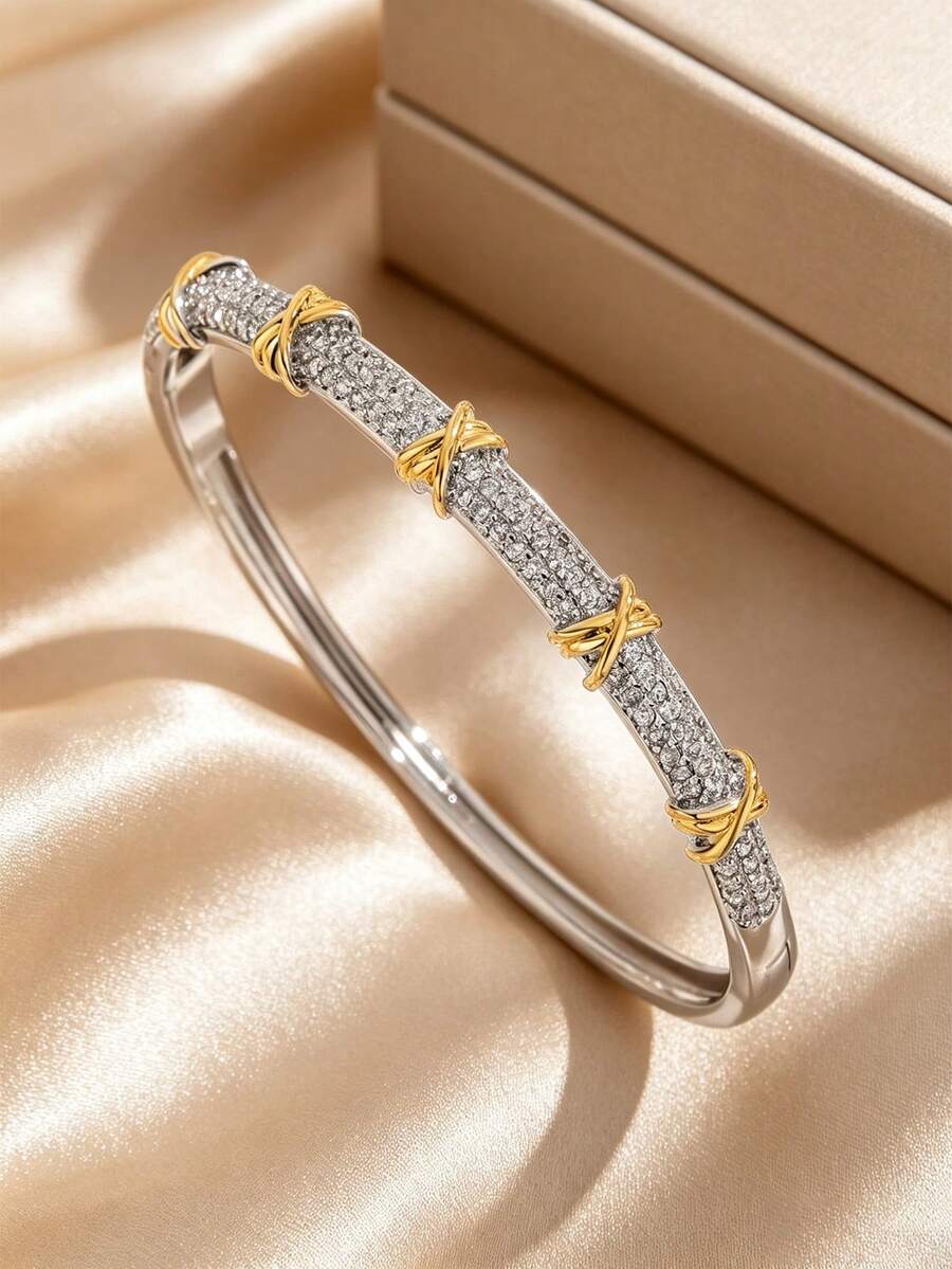 1 pieza Brazalete de circonita en forma de X de doble color, joyería de cobre de estilo elegante y lujoso para mujeres, adecuado para fiestas, citas y uso diario - Multicolor - Ver 1