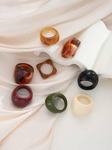 8pcs/Set Fashionable Glamorous Shiny Unique Exquisite Creative Luxury Versatile Elegant Geometric Colorful Resin Rings For Women Daily Wear Holiday Party Jewelry - Multicolor - View 4