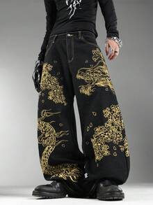 男士黑色牛仔褲，前後龍圖騰刺繡，復古香港街頭風，四季百搭寬腿褲（不含腰帶與配件） - 黑色 - 查看 10