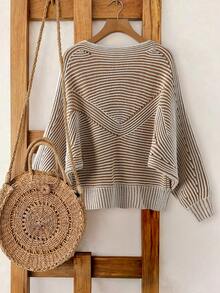 Women's Plus Size Striped Knit Pullover Sweater, Ribbed Knit Detail, Long Sleeve Loose Fit Top, Suitable For Autumn And Bohemian Style - Khaki - View 2