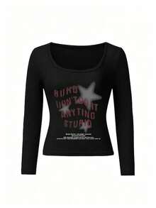 New Spring/Autumn Short Long Sleeve T-Shirt Women Y2K Generation Design Star Print Korean Style U-Neck Versatile Casual Slim Fit Top - Black - View 4