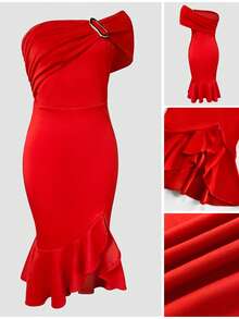 ChicMe Women's Open Shoulder Sleeveless Casual Cinched Waist Ruffle Hem Slit Button Midi Dress, Elegant Cocktail Party Gown - Red - View 10