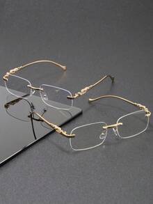 Herren rechteckige randlose Premium-Metall-Brille mit transparenten Gläsern, modische Brille mit klaren Gläsern, geeignet für tägliche Lässig, luxuriöse soziale Anlässe, Mode-Straßenfotografie und Büroarbeit - Gold - Übersicht 6